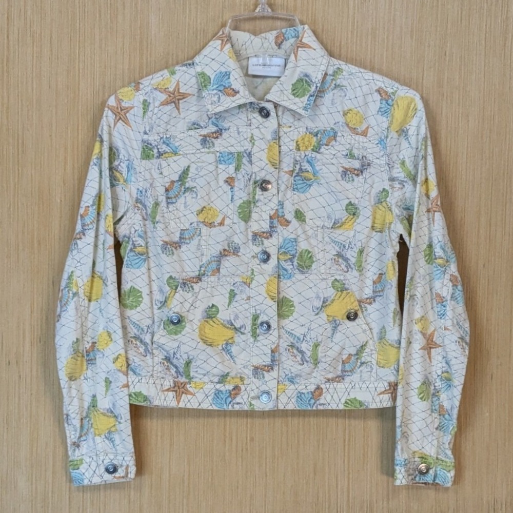 Liz Claiborne Denim Jacket Womens Petite Small Nautical Marine Life Beach Resort